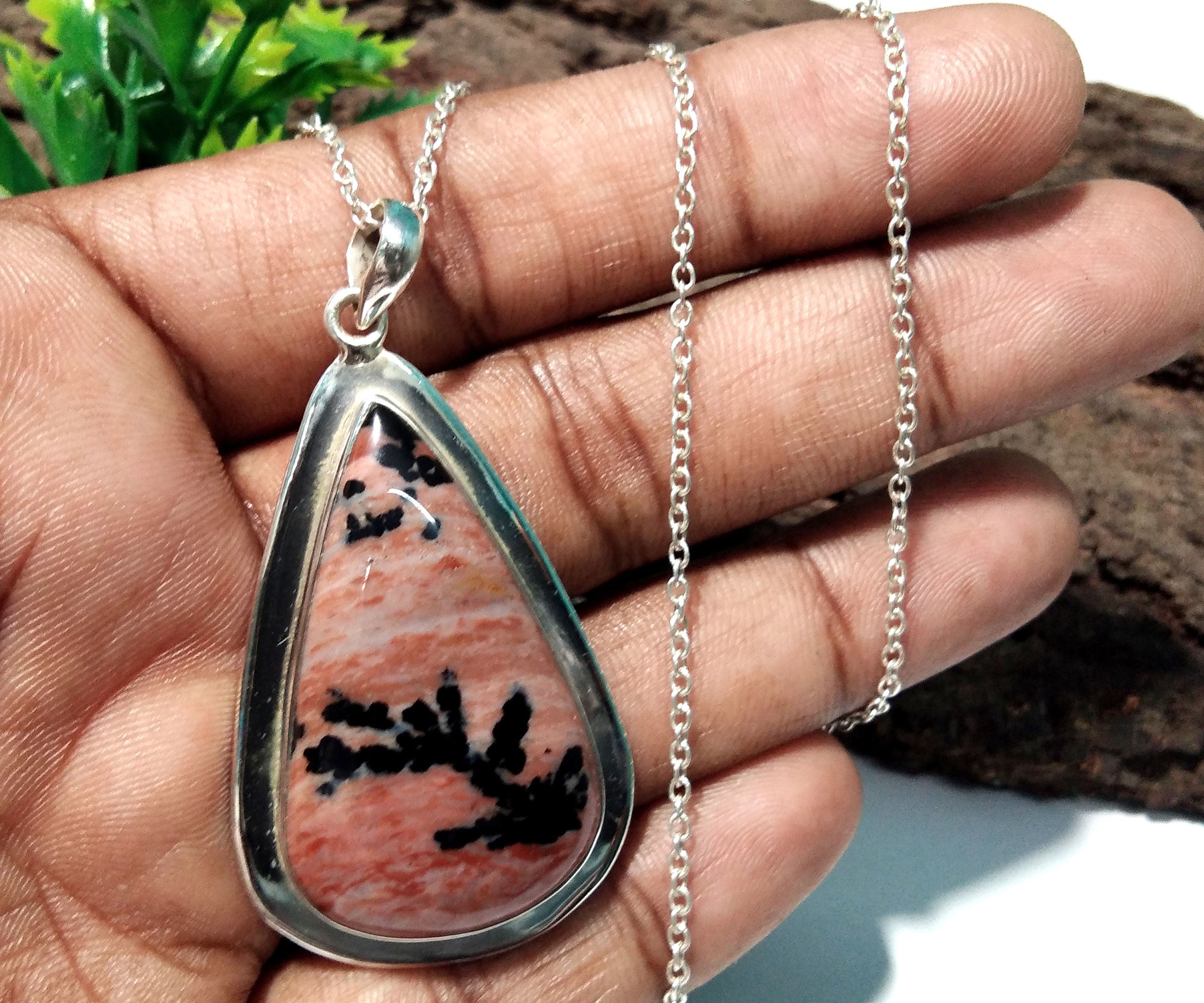 Natural Honey Dendrite Opal Stone Pendant Chain Necklace, 925 Sterling Silver Pendant Designer, Honey Dendrite Stone Pendant Gift For Her